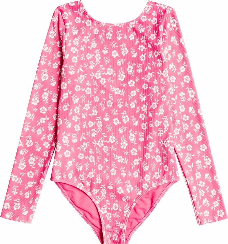 Swimsuits Roxy | Roxy Girls' Splendid Dream Long Sleeve One Piece Swimsuit For Girls' Pink Guava S Ditsy Dreams