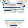 Swimsuits Roxy | Roxy Girls' Malibu Story Crop Top Swim Set For Girls' Bright White Stripe