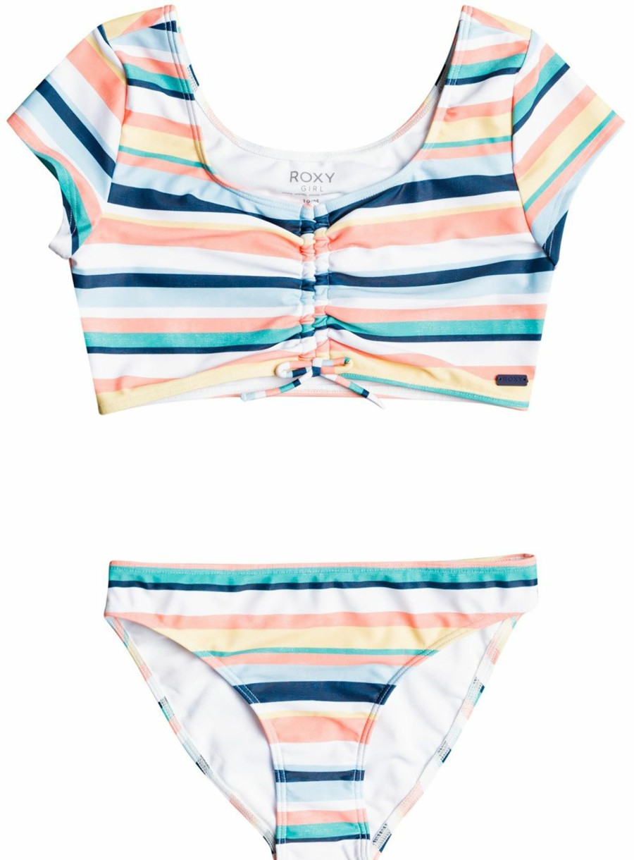 Swimsuits Roxy | Roxy Girls' Malibu Story Crop Top Swim Set For Girls' Bright White Stripe