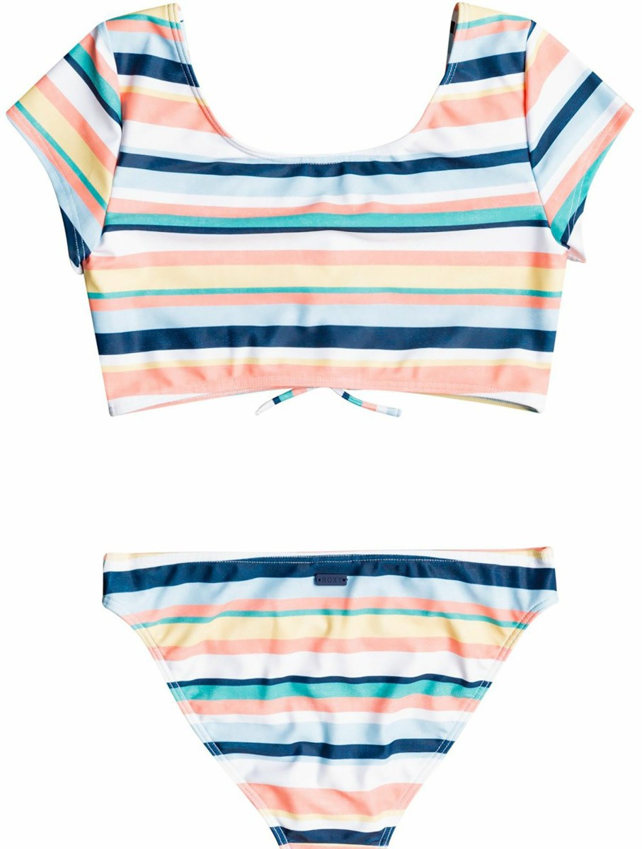 Swimsuits Roxy | Roxy Girls' Malibu Story Crop Top Swim Set For Girls' Bright White Stripe