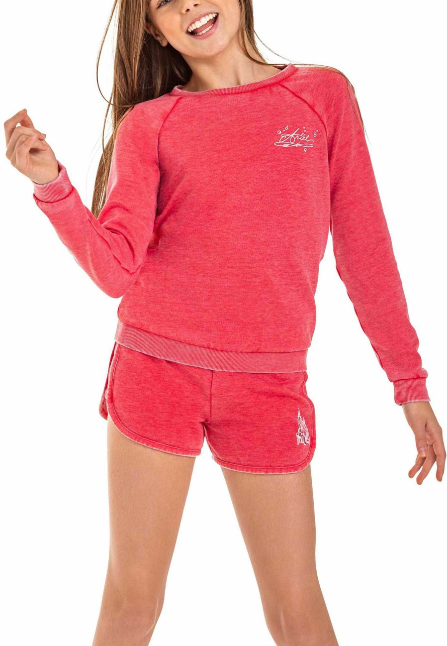 Sweatshirts Roxy | Roxy Girls' Pompom Fleuri Fleece Crew Sweatshirt For Girls' Red