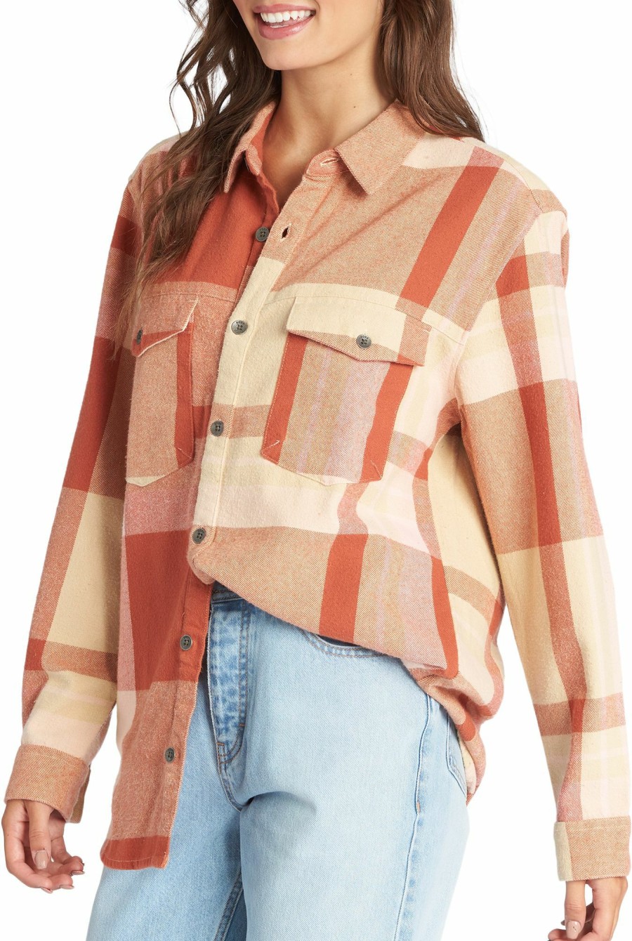 Shirts Roxy | Roxy Women'S Let It Go Flannel Long Sleeve Shirt For Women Beige Multi