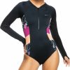 Swimsuits Roxy | Roxy Women'S Active Long Sleeve Front Zip One Piece Swimsuit For Women Anthracite Floral Flow