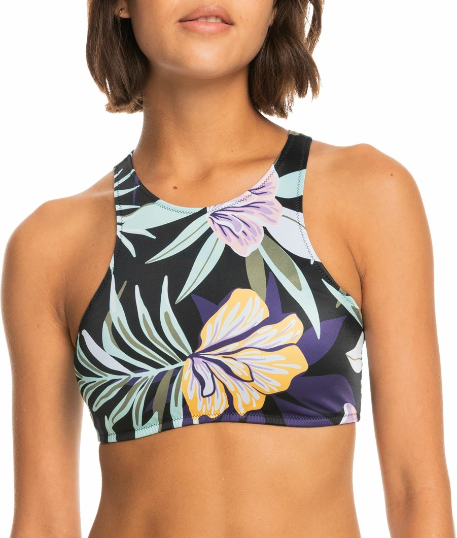 Swimsuits Roxy | Roxy Women'S Active Printed Swim Crop Top For Women True Black Fasso