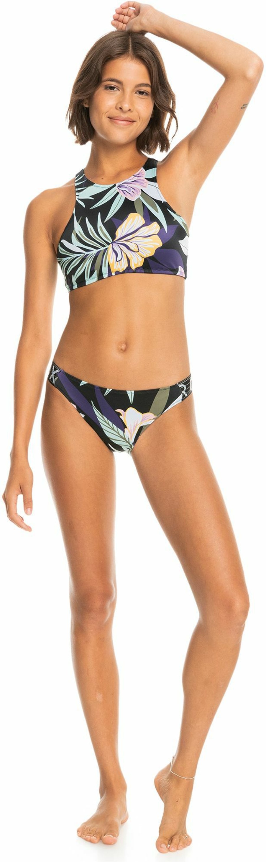 Swimsuits Roxy | Roxy Women'S Active Printed Swim Crop Top For Women True Black Fasso