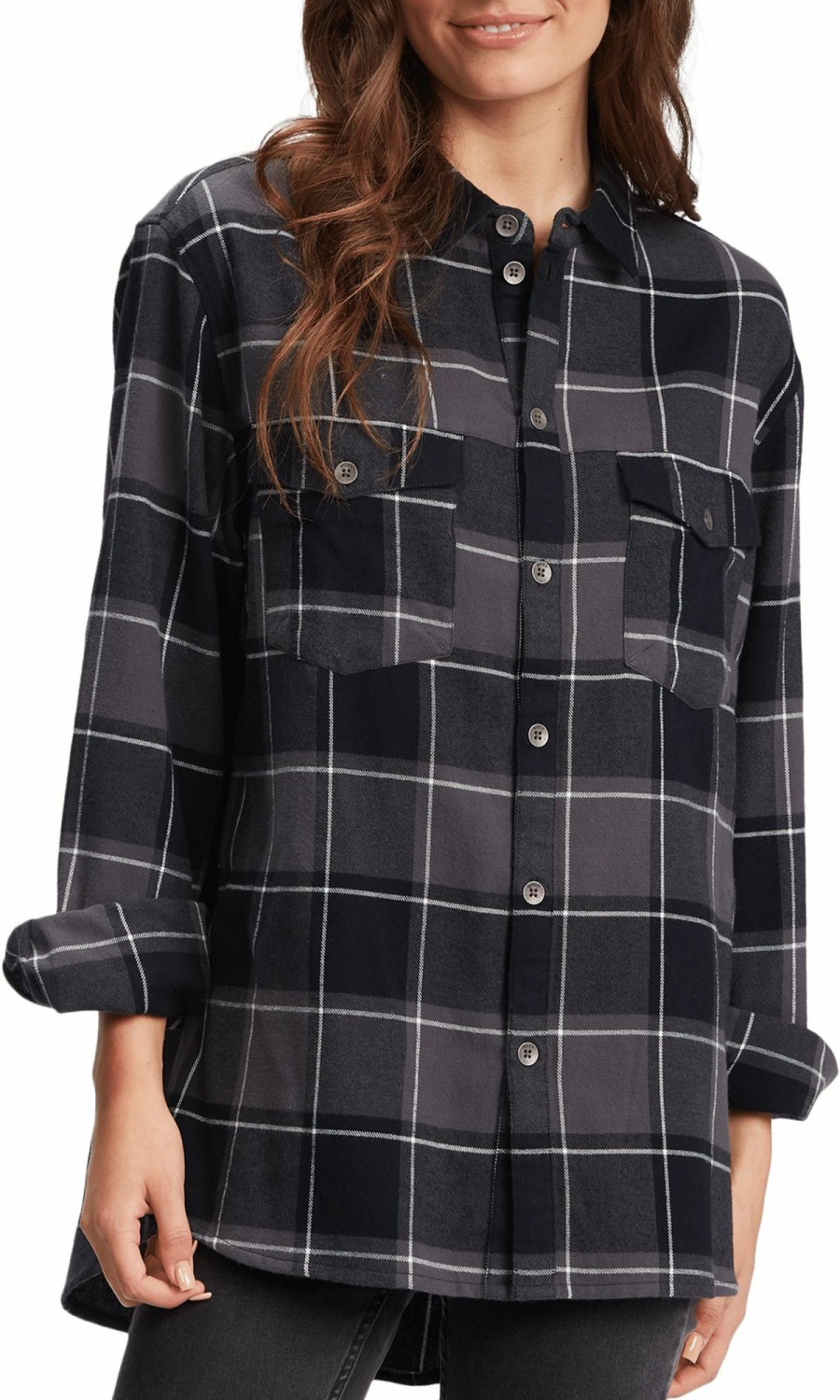 Shirts Roxy | Roxy Women'S Turn It Up Flannel For Women Anthracite/White