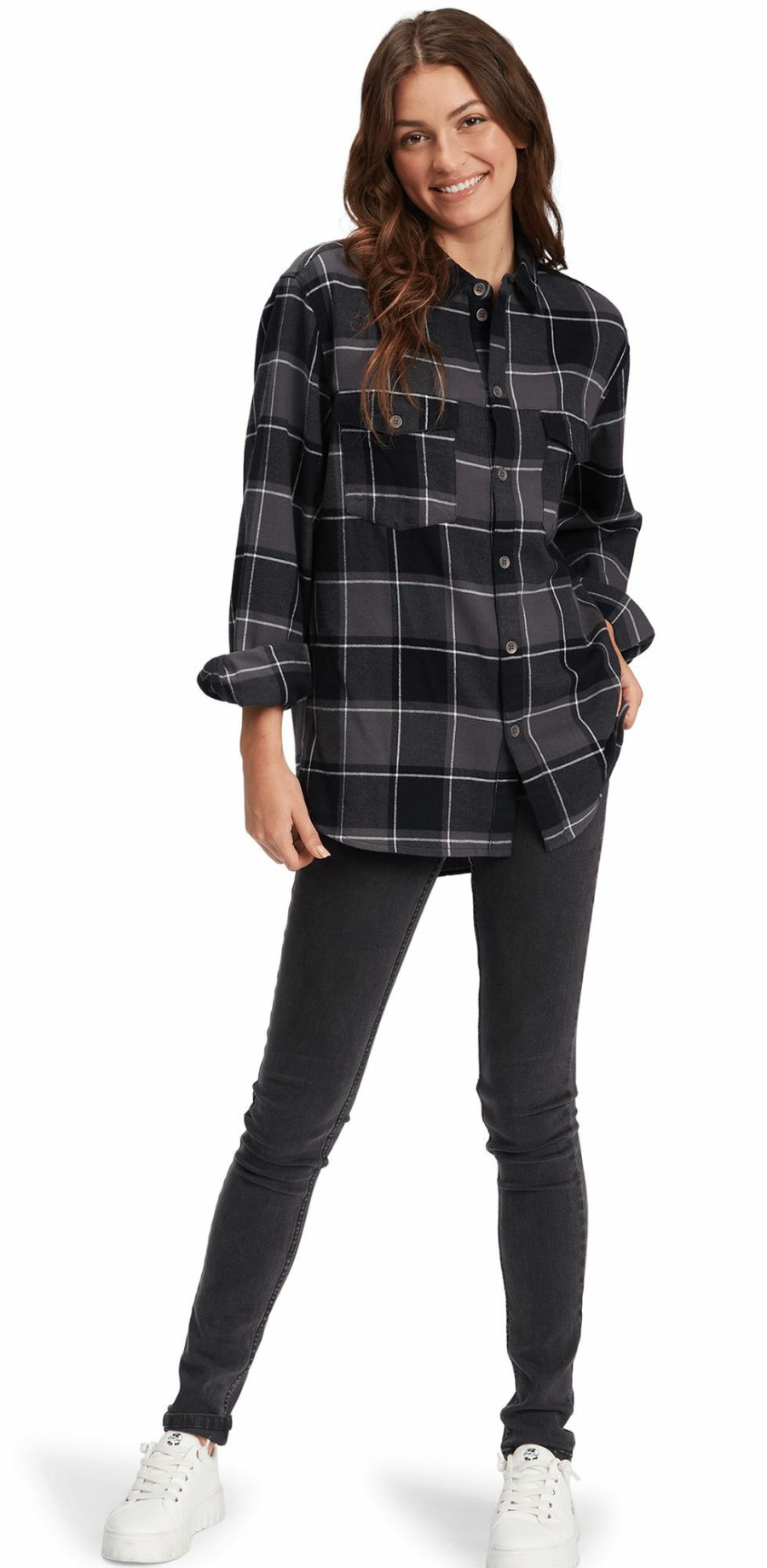 Shirts Roxy | Roxy Women'S Turn It Up Flannel For Women Anthracite/White