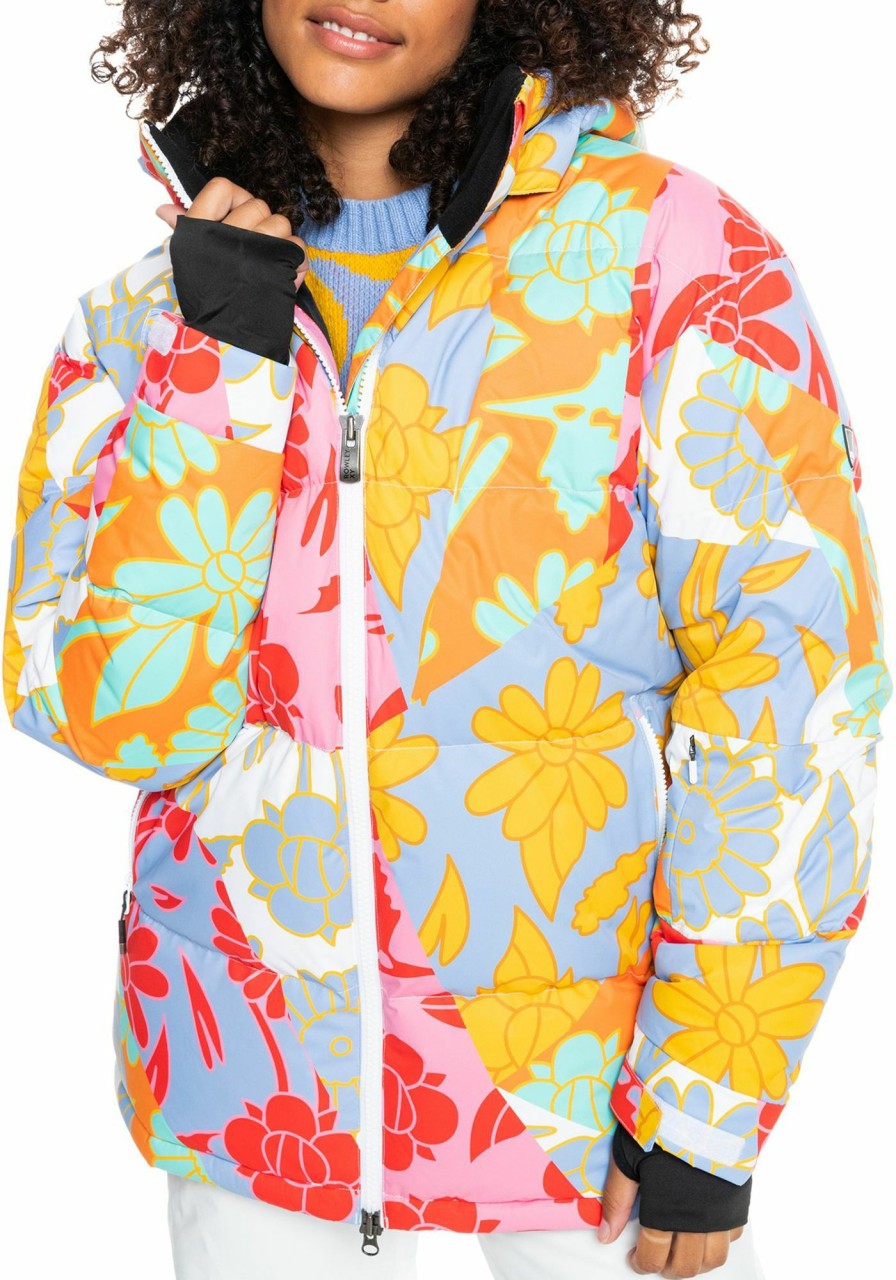 Jackets Roxy | Roxy X Cynthia Rowley Women'S Rowley Puffer Jacket For Women Bright Whte Ptchwrk Rowly