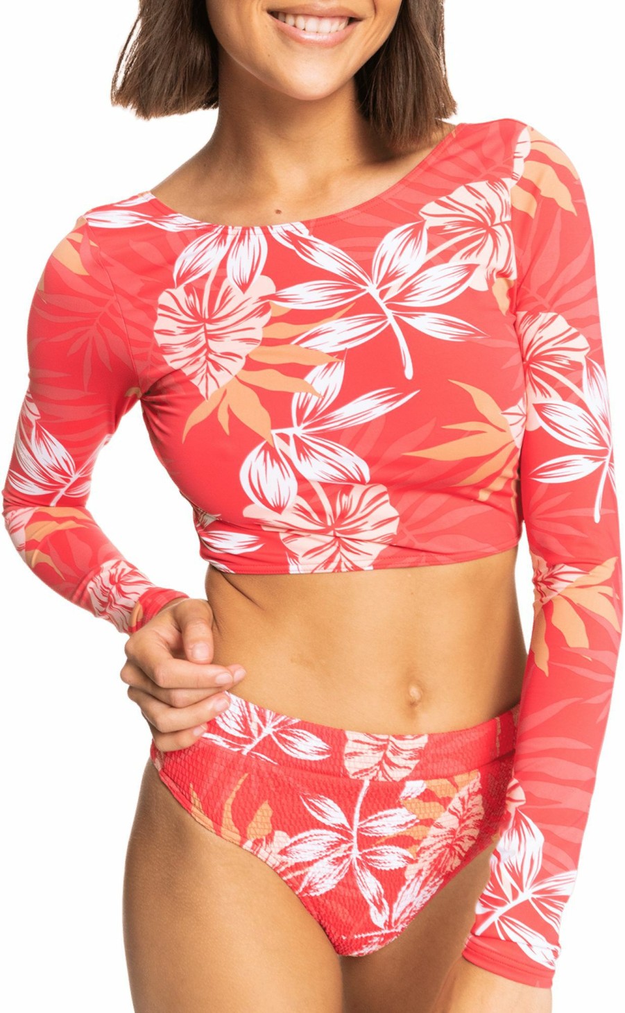 Rashguards Roxy | Roxy Women'S Seaside Tropics Long Sleeve Crop Rashguard For Women Hibiscus Seaside Tropics